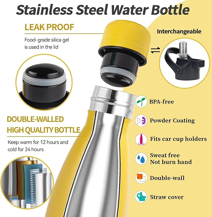 Insulated Water Bottle, 2 Pack-17oz Stainless Steel Water Bottles with straw lid, Metal Sports Water Bottles for Boys,Girls, Double Wall Vacuum BPA-Free Flask for School, Sports(Black-Yellow)