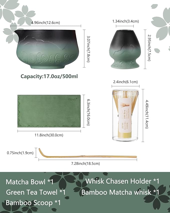 ZENS Matcha Whisk Set, 15oz Ceramic Matcha Set with Bowl and Bamboo Whisk, Scoop, (Chasen Holder) -Tea Towel, 5pcs Matcha Kit for Matcha Lovers, Sage Green