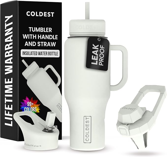 Coldest 40 oz Tumbler with Handle and Straw - 100% Leak Proof Insulated Tumbler with Lid and Straw (3 Lids) - Stainless Steel Tumblers for Women & Men - Cup Holder Friendly Base, 36 oz (Margarita)