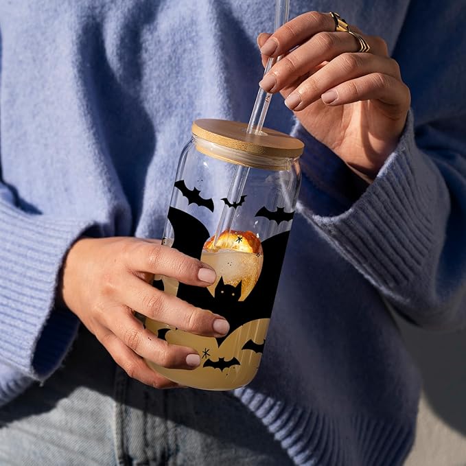 Black Bat Tumbler - 16oz Black Glass Mug with Lid and Straw, Gothic Themed Iced Coffee Cup, Birthday and Spooky Gothic Horror Theme Gift