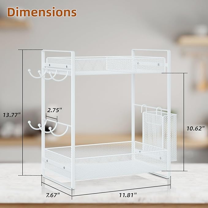 VITVITI Coffee Bar Organizer with Mug Holder, Metal Coffee Station Organizer for Countertop, 2 Tier Cup Mug Holders Rack with Basket for Kitchen Office, Black