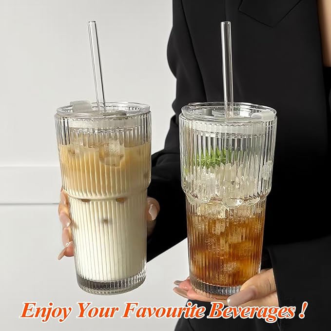 20 oz Ribbed Glass Tumblers with Lids and Straws – Set of 4 Thickened Glassware, Elegant Durable Ribbed Drinking Glasses Bulk for Iced Coffee Cups, Cocktails, Smoothies, Juice, Hot or Cold Beverages