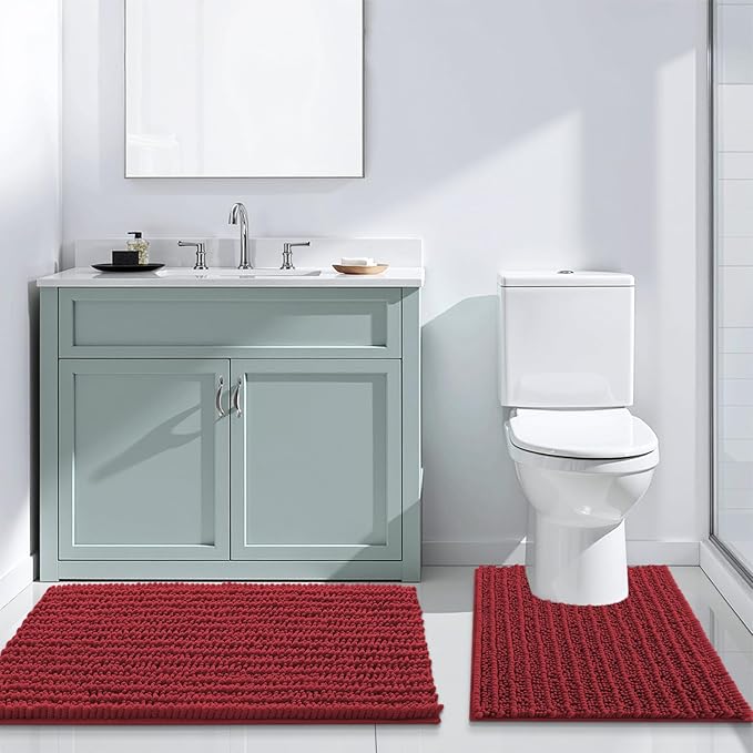 Arotive Luxury Chenille Bathroom Rug Mat, Extra Soft Thick Absorbent Shaggy Bath Rugs, Non-Slip Machine Wash Dry, Plush Bath Mats for Bathroom, Shower and Tub, 47x24, Red
