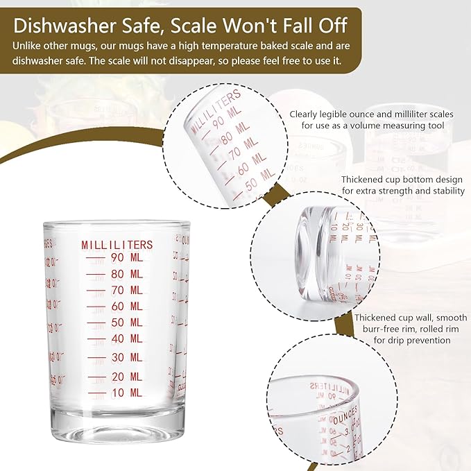 2 Pack Shot Glass Measuring Cup Set,3 oz/90 ML Liquid Heavy High Espresso Glass Cup,Dishwasher Safe,Measurement of Dry and Liquid Ingredients(Red Line)