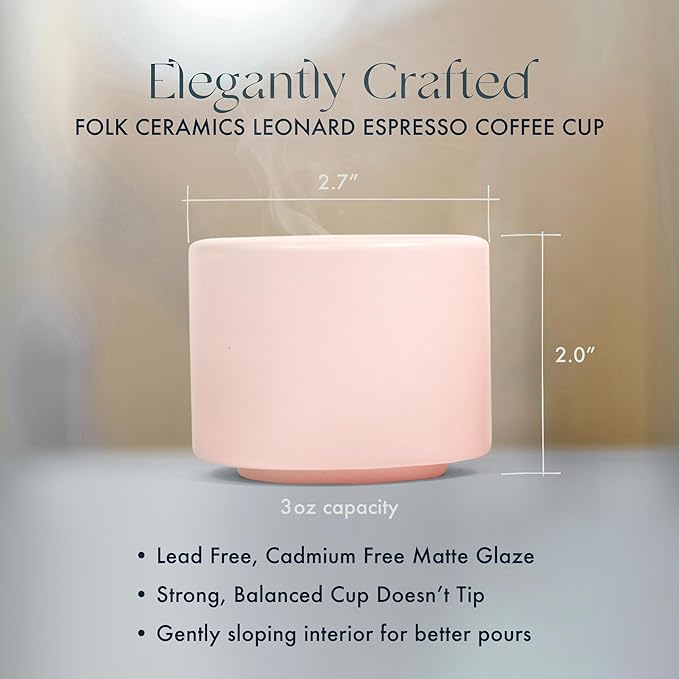Folk Ceramics Leonard Ceramic Espresso Cups | Modern Stackable Demitasse Mugs for Espresso | Thick Walled, Handleless, Durable, Dishwasher & Microwave Safe | Set of 2, 3oz | Pale Pink