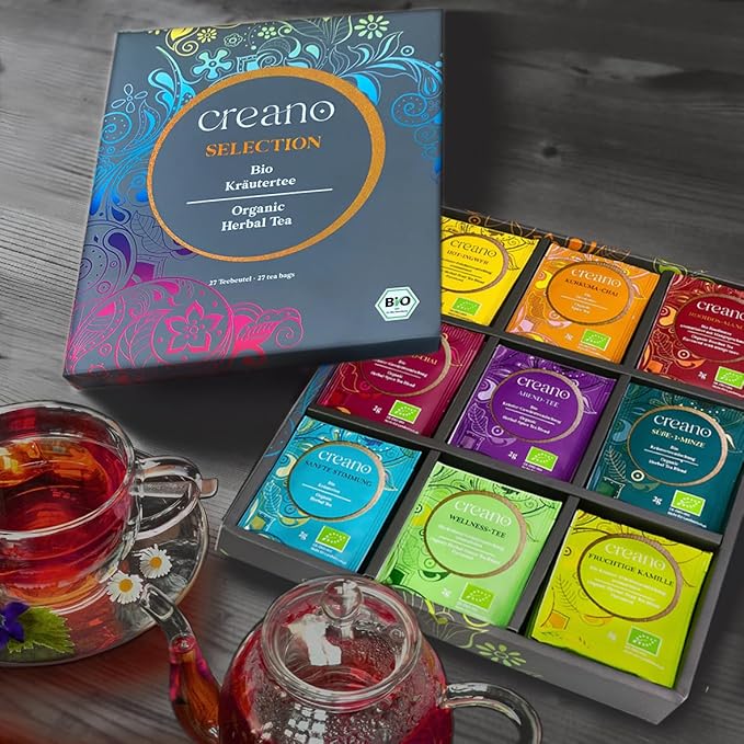 Creano Organic Herbal Tea Gift Set - 45 Organic Tea Bags in 9 Different Varieties - 90 g - Novelty 2023