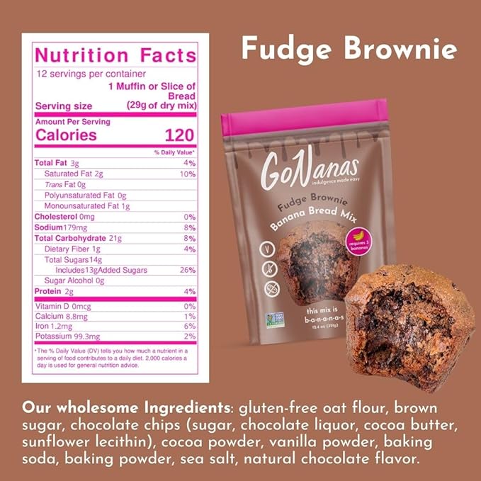 GoNanas Fudge Brownie Oat Flour Banana Bread Mix, Suitable for Plant Based Vegan Diets, Gluten Free Dairy Free Snacks, Healthy Snacks For Adults, Muffin Mix, Nut Free, Cupcakes Dessert, NON-GMO, 3pk