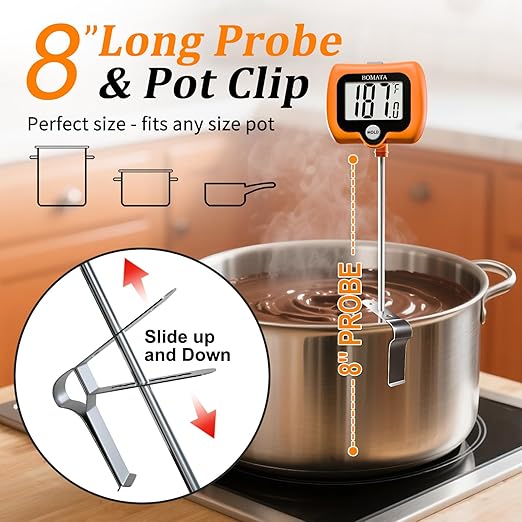 BOMATA Candy Thermometer with Pot Clip, Instant Read Cooking Thermometer with 8" Long Probe, Rotating Display, for Candy Making, Food, Candle Making, Liquids, Water, Baking, Sugar, Grilling. Orange