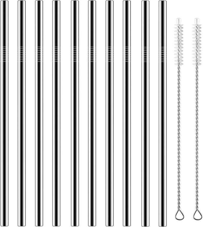 Set of 10 Stainless Steel Straws, HuaQi Straight Reusable Drinking Straws 10.5'' Long 0.24‘’ Dia for 30 oz Tumbler and 20 oz Tumbler, 2 Cleaning Brush Included (10 Straight Straw + 2 Brushes）