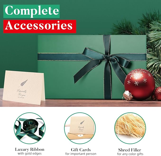 LIFELUM 5 Pack Boxes - Large Green Boxes of Gifts 13.8 x 8.5 x 4.5 Inch with Strong Magnetic Lid, Contains Card, Ribbon, Filler, Sticker