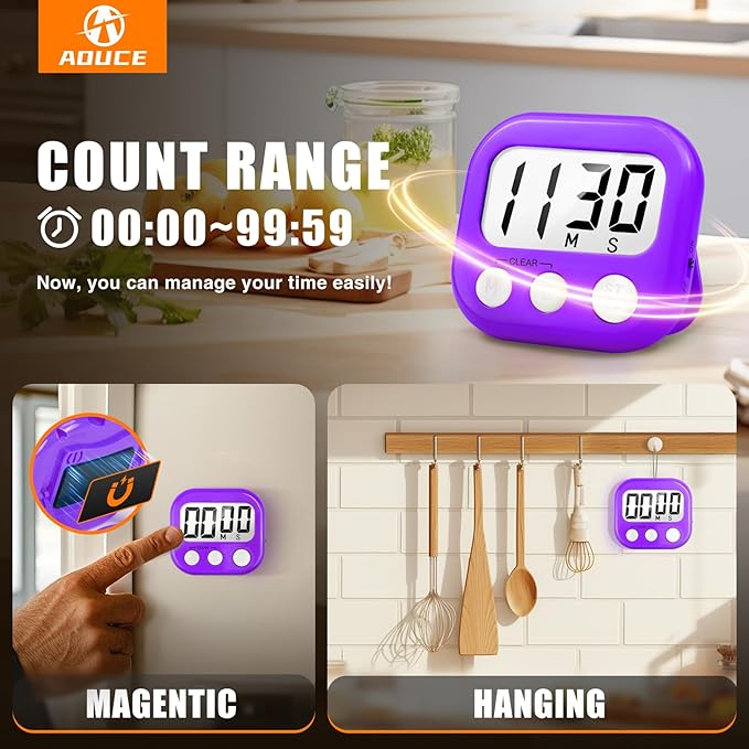 2 Pack Digital Kitchen Timer for Cooking Big Digits Loud Alarm Magnetic Backing Stand Cooking Timers for Baking Purple