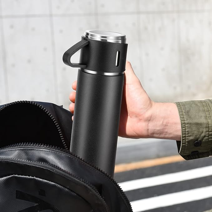 Stainless Steel Thermo 500ml/16.9oz Vacuum Insulated Bottle with Cup for Coffee Hot drink and Cold drink water flask.(Black,Set)