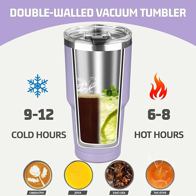 30 oz Tumbler with Lids and Straws, Stainless Steel Insulated Coffee Tumbler, Double Wall Vacuum Insulated Travel Mug Cup, Leakproof Thermal Coffee Cup for Hot and Cold Drinks (Light Purple)