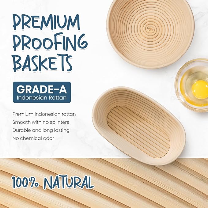 rorecay Banneton Bread Proofing Basket Sourdough Bread Baking Supplies, 9 Inch Round + 10 Inch Oval Proofing Bowls with Dough Whisk Bread Lame Dough Scraper Bread Making Tools and Accessories Set