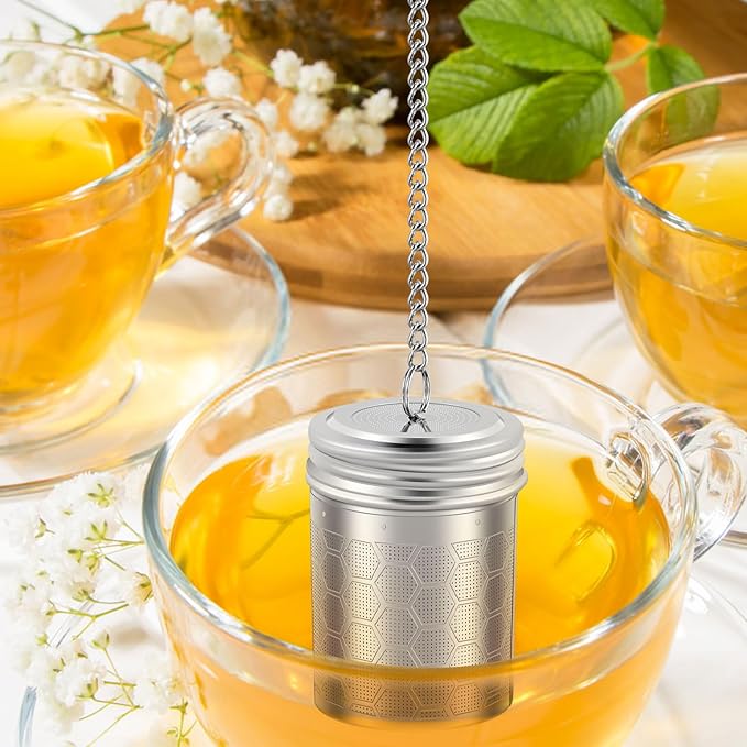 Tea Infuser Strainers with Drip Tray 304 Stainless Steel Tea Filter Strainer with Chain Hook Fine Mesh Tea Infuser Steeper Reusable Tea Strainers Easy to Use for Loose Tea Mulling Spices (Silver 4PCS)