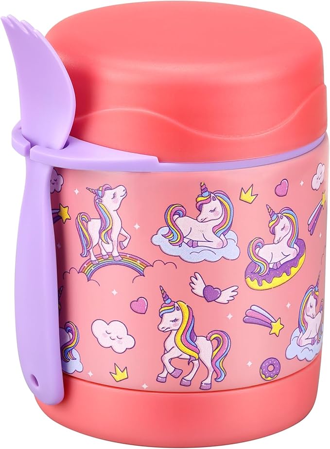 10oz Soup Thermo for Hot Food Kids,Lunch Thermo Kids Food Jar with Spoon Hot Insulated Food Containers,Leak Proof Stainless Steel Wide Mouth Lunch Food Thermo Jar for School(Pink-Unique Horse)