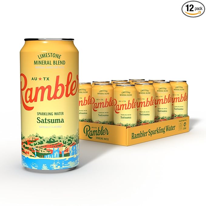 AUTX RAMBLER Sparkling Water, Texas Limestone Mineral Blend, Satsuma Flavor, 16-Ounce Tallboy Cans, 12-Pack