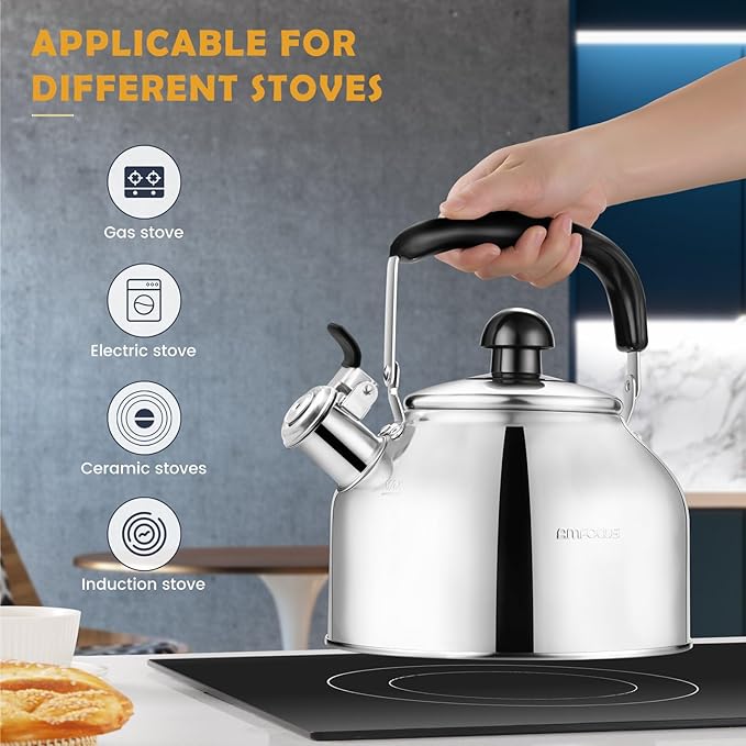 AMFOCUS Tea Kettle Stovetop, Whistling Tea Kettle Pots for Stove Top, 2.64 QT Food Grade Stainless Steel Teakettle Teapot with Cool Grip Folding Handle, Hot Water boiler for Tea, Milk, Coffee