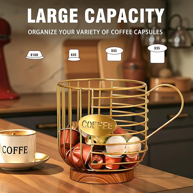 Coffee Pod Holder,Bar Accessories - Espresso Pod Holder - Large Capacity Black Wire Coffee Basket With Wooden Base