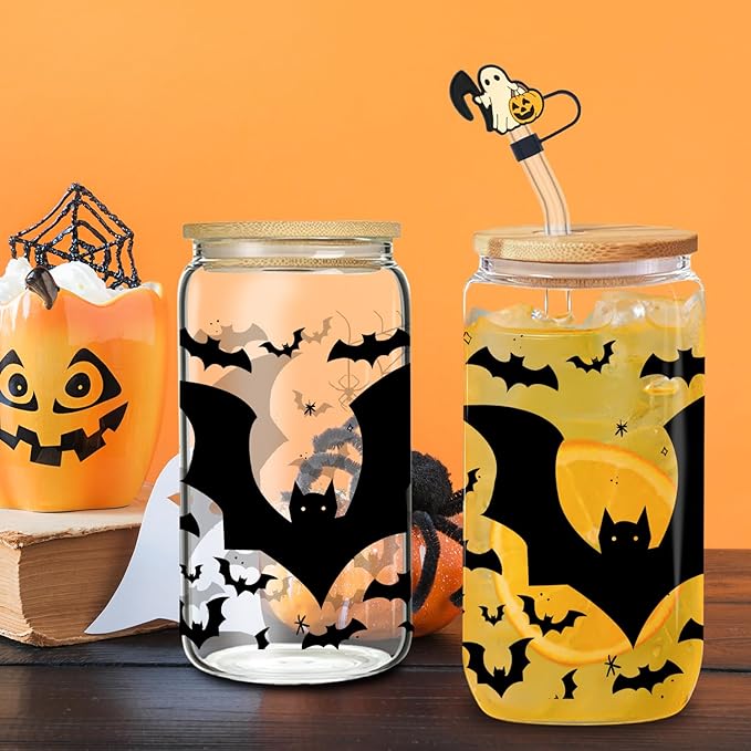 Black Bat Tumbler - 16oz Black Glass Mug with Lid and Straw, Gothic Themed Iced Coffee Cup, Birthday and Spooky Gothic Horror Theme Gift