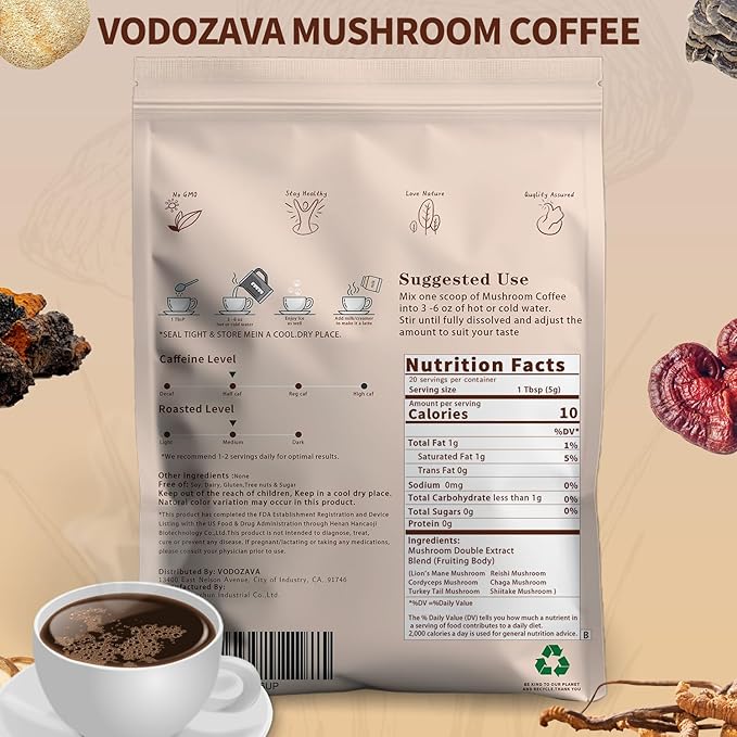 Instant Mushroom Coffee Powder Espresso Cafe Extract with Chaga Lions Mane Turkey Tail Shiitake Cordyceps Reishi 20 Servings