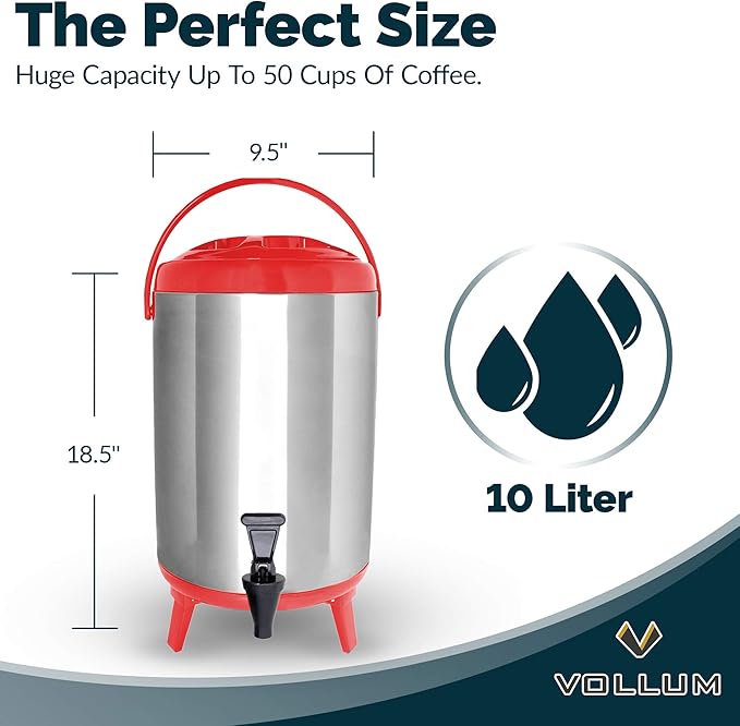 Stainless Steel Insulated Beverage Dispenser – Insulated Thermal Hot and Cold Coffee Carafe – 8 Liter Drink Dispenser with Spigot for Hot Water, Tea & Coffee, Cold Milk, Juice & More RED