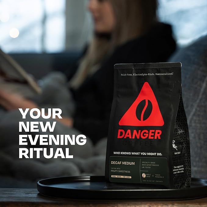 Danger Coffee by Dave Asprey, Remineralized, Mold Free & Lab Tested Swiss Water Decaf Whole Bean Coffee, Medium Roast, Decaffeinated 10.9 Ounce