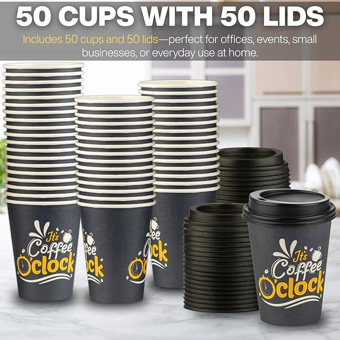 Smygoods Disposable Coffee Cups with Lids, To Go Paper Hot Cups, Coffee O'Clock Design (12 OZ, 50 Count) For Hot Beverages, Coffee, Tea, Espresso, Cocoa - Vasos Para Cafe