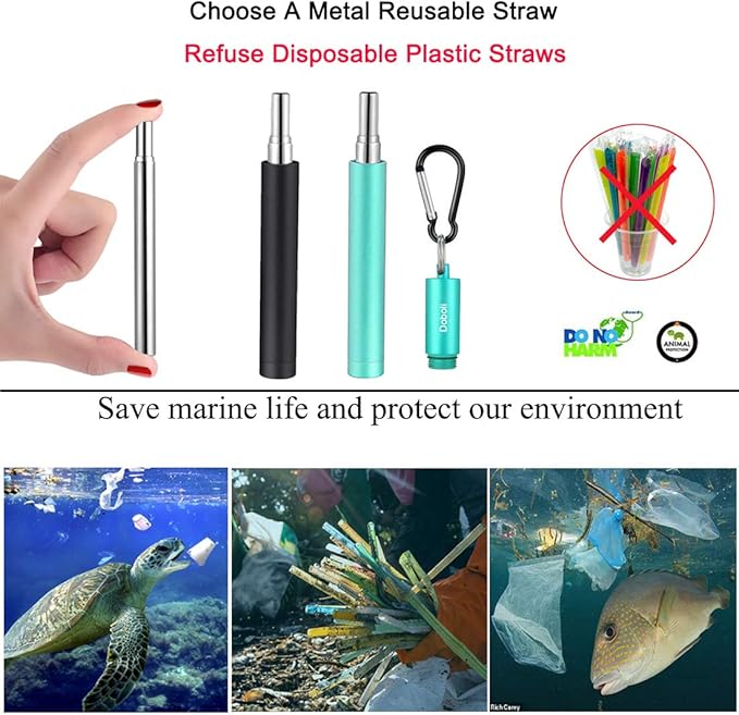 2 Pack Reusable Metal Straws Collapsible Stainless Steel Drinking Straw Travel Portable Telescopic Straw with Case,2 Cleaning Brushes Included Black/Turquoise