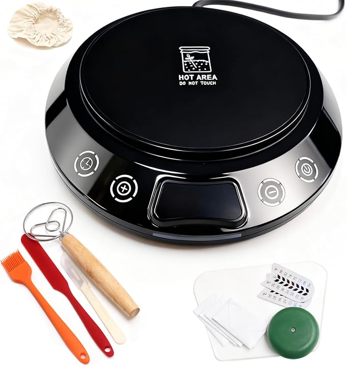 Sourdough Starter Warmer Set – Precise 1°F Thermostat (70-120°F), 24H Timer, Smart Memory Warming On/Off - Fits Jars Up to 40oz, Sourdough Kit for Home Baking (Black)
