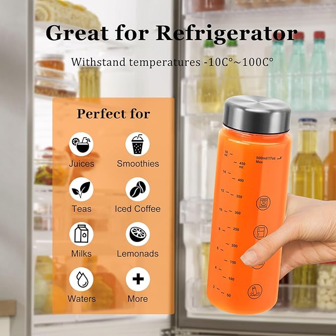 6 Pack Juice Bottles with Caps - Wide Mouth Resuable Clear Plastic Water Bottles for Juicing,Smoothie,Protein, Beverage,Storage Containers,BPA Free,Leakproof Stainless Steel Lid(16 Ounces)