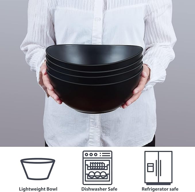 9.6'' Serving Bowls, 84oz Bamboo Fiber Salad Set of 4, Large for Kitchen, Deep Oval for Salad, Vegetable, Fruit, Pasta, Ramen, Lightweight & Easy to Clean (Matte Black)