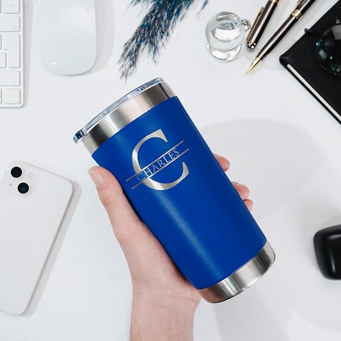 Personalized Tumbler with Engraved Name - 12 Designs, 30 Oz Coffee Tumbler with Slider Lid, Royal Blue, Double Wall Insulated - Custom Gifts for Men & Women