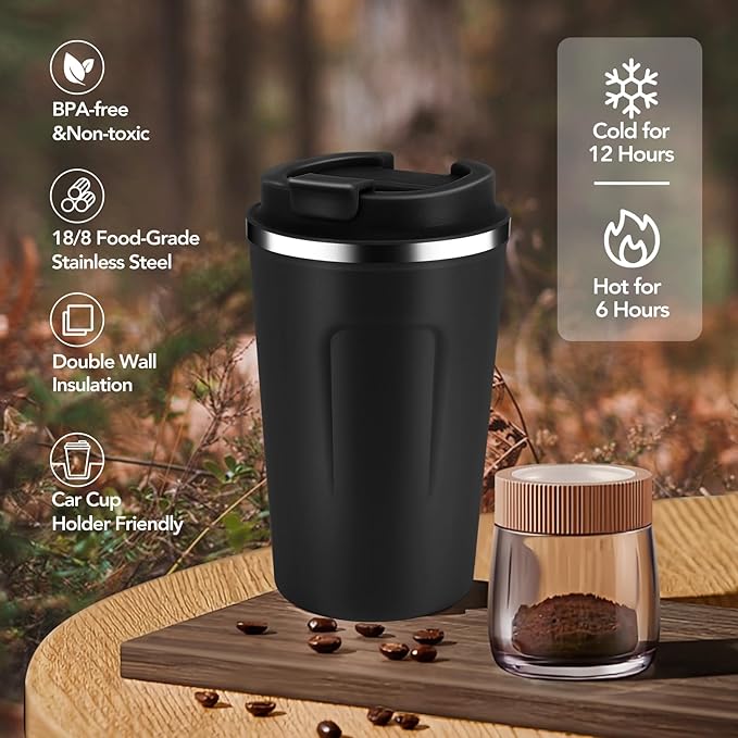 Volhoply 12 oz Double Wall Insulated Vacuum Travel Coffee Mug with Flip Lid Bulk 8 Pack,Reusable Stainless Steel Leak Proof Coffee Cup,Portable Cafe Thermal Tumblers for Hot & Cold Drinks(Black,8 Set)
