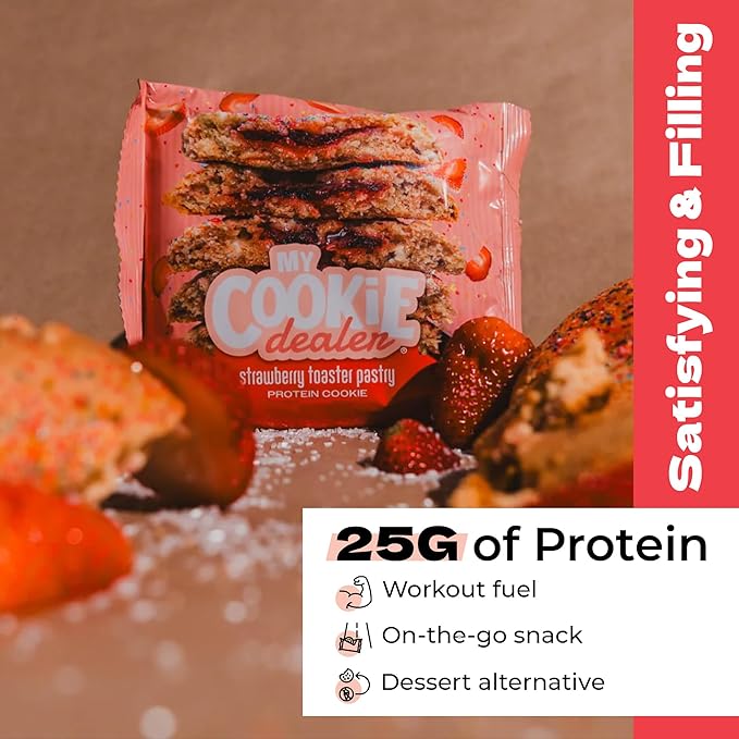 My Cookie Dealer Protein Cookies, Strawberry Toaster (6-Pack, 3.8oz Each) - 25g of Protein per Cookie - Individually Wrapped Workout Snacks for On-The-Go Travel