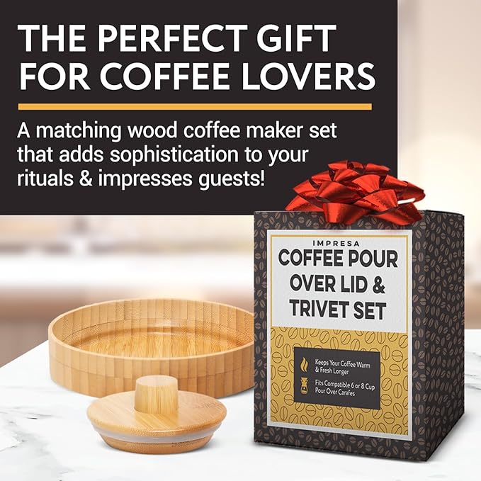 IMPRESA Coffee Pot Cover & Wooden Trivet Set - Chemex Compatible 6-Cup, 8-Cup Pour Over Carafe - Glass Maker Stand & Chemex Style Lid for Pour Over Coffee Systems