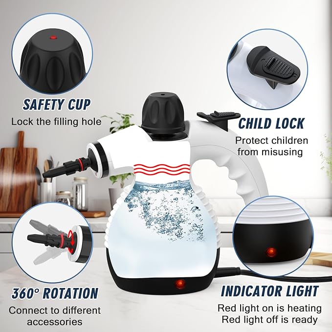 Handheld Steam Cleaner, Steamer for Cleaning, Multipurpose Portable Steam Cleaners for Home Use with Safety Lock and 10 Accessory Kit to Remove Grime, Grease, and More, Save Time and Effort