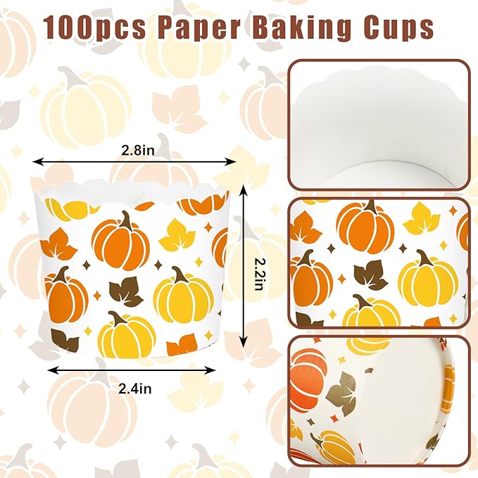 Whaline 100Pcs Fall Paper Baking Cups Pumpkin Maple Leaf Cupcake Wrappers Orange Yellow Brown Scalloped Edge Cupcake Muffin Cases for Autumn Thanksgiving Dessert Decoration