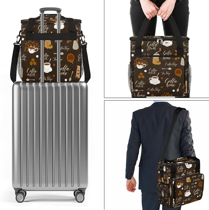 Retro Coffee Coffee Maker Carring Bag Tea and Coffe Travel Carrying Storage Tote Bag Compatible with Keurig K-Mini or K-Mini Plus Portable Single Serve Coffee Brewer Case with Pockets for K-cup Pods