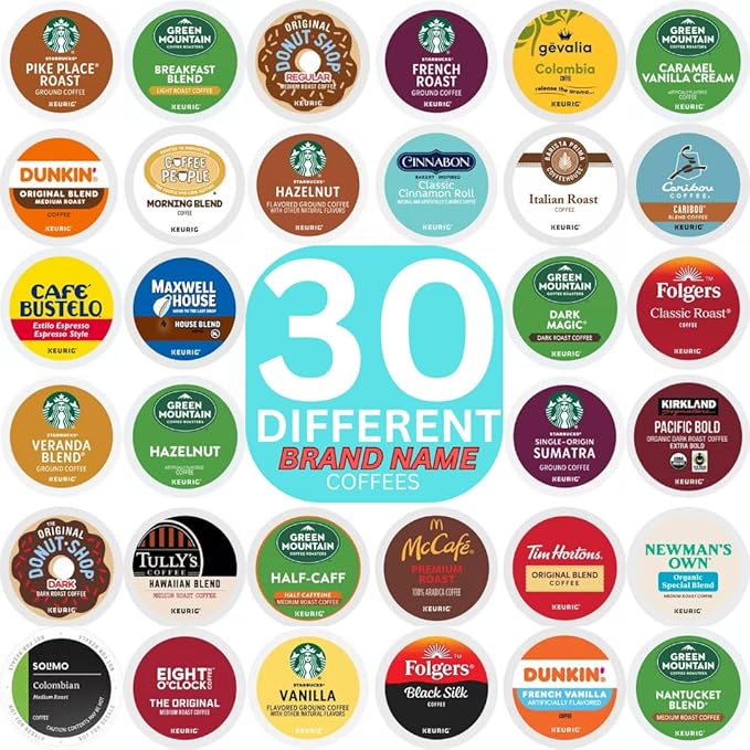 Brand Name Variety Pack Coffee Pods K Cup Sampler — Flavored, Dark, Medium & light Roast. All the Top Brands Including Starbucks, Donut Shop, Dunkin, McCafe, Green Mountain, Kirkland, Tullys, Gevalia, Maxwell, Cinnabon and Many More—for Keurig Brewers—...