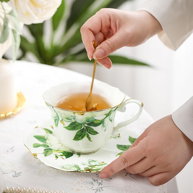 TATSUMI Country Roses Bone China Tea Cup and Saucer Set, 3 Pieces, Vintage Style, For Women and Tea Parties(Green,1 Set)