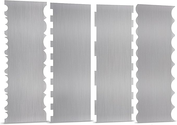 4 Pieces Stainless Steel Cake Scraper 10 Inch and Sided Patterned Edge Stripe Edge Smoother Scraper Cake Decorating Comb Cake Pastry Cutter for Mousse Butter Cream Cake Decoration
