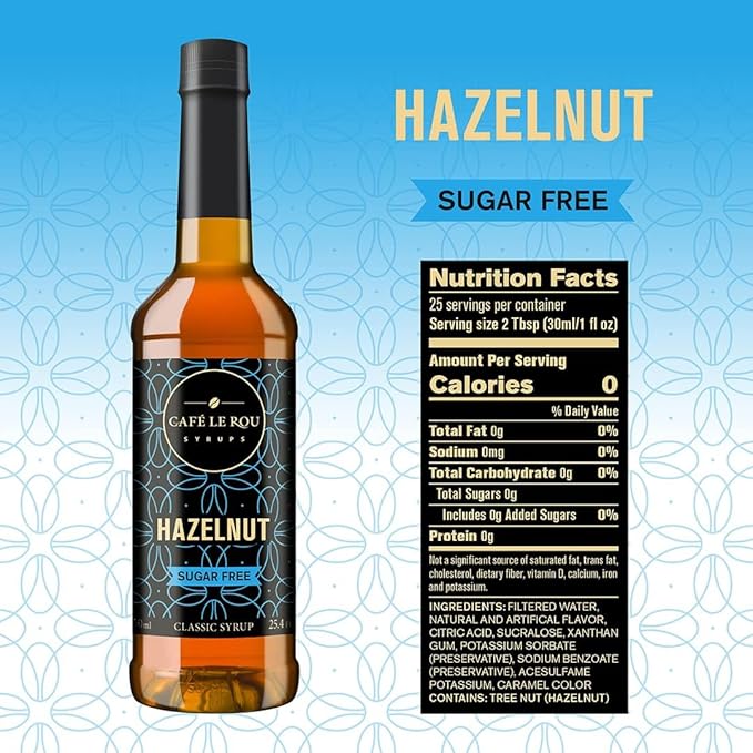 "NEW" Café Le Rou Coffee Syrup Sugar Free Hazelnut, 25.4oz (Pack of 2)*Includes 2 Syrup Pumps* Cafe Coffee Flavoring Syrup for Coffee, Tea, and Espresso