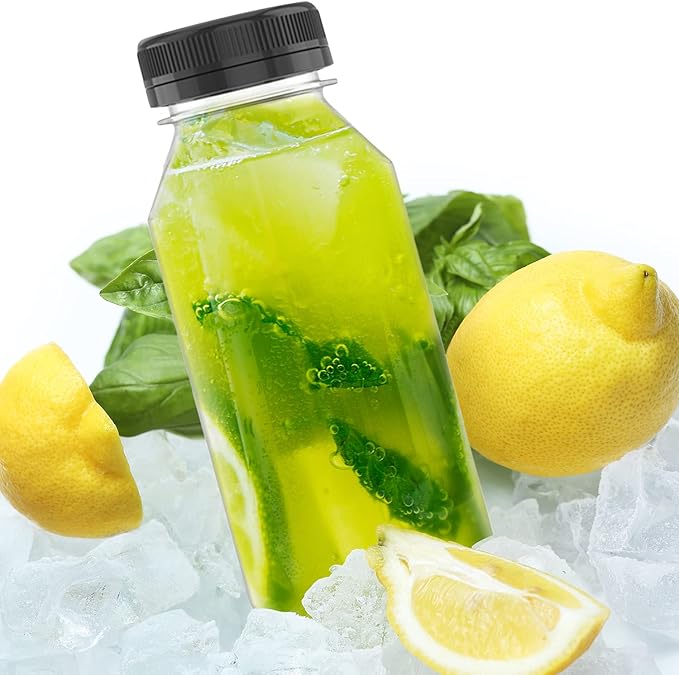 5 Pcs 8 oz Plastic Juice Bottle Reusable Transparent Bulk Beverage Containers with Black Lids for Juice, Drinking Milkshake Tea, Milk, Juicing Smoothie Water and Other Beverages, Fridge Storage