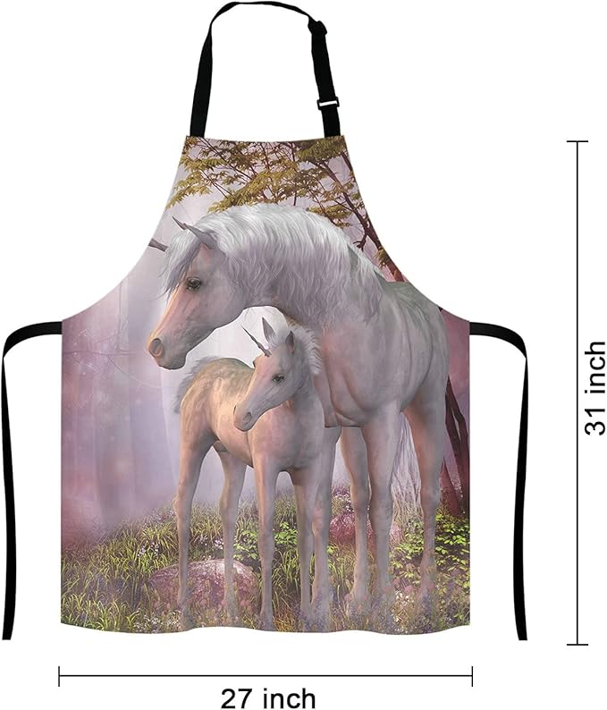 Fantasy Unicorn Adjustable Bib Apron,Unicorns Mare and Foal Cooking Kitchen Apron for Men Women