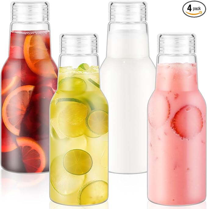 17 Oz Glass Juice Bottles with Lids, Glass Bottles, BPA Free, Borosilicate Glass for Juicing, Smoothies, Infused Water, Beverage Storage, Shaker Bottles (4 Pack)