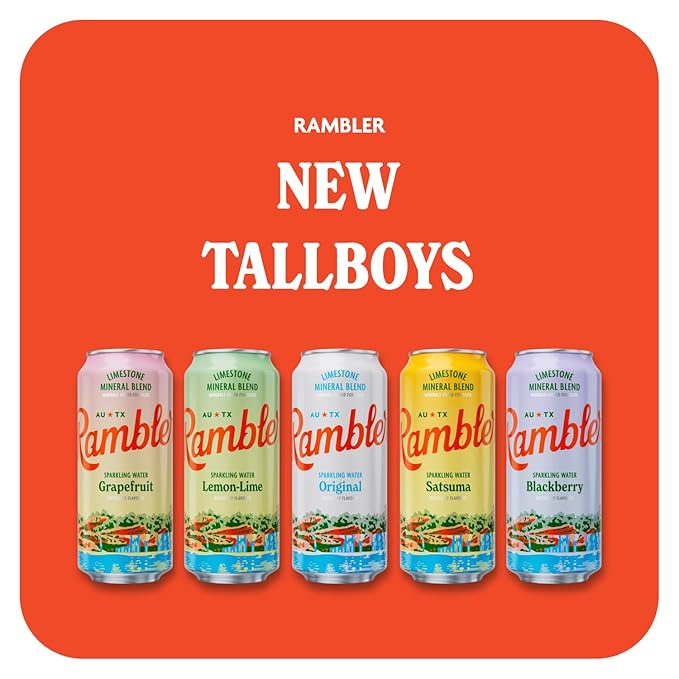 AUTX RAMBLER Sparkling Water, Texas Limestone Mineral Blend, Wild Cherry Flavor, 16-Ounce Tallboy Cans, 12-Pack
