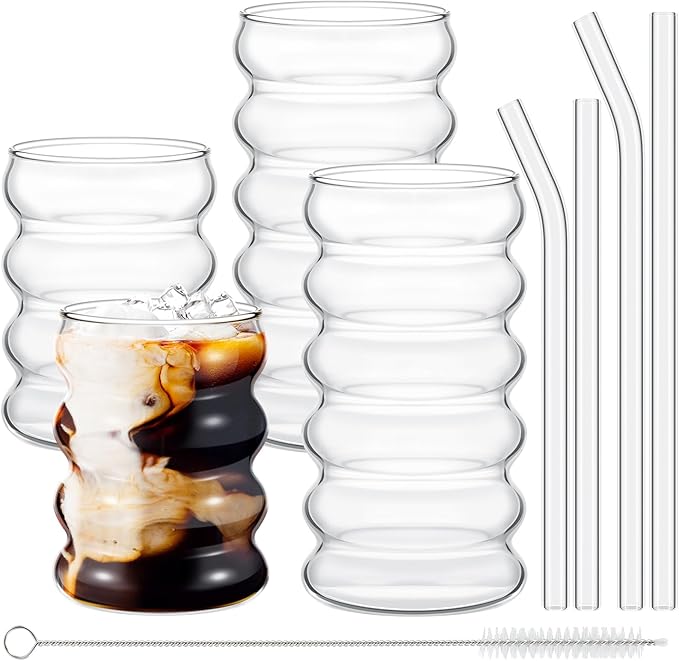 Tessco for you 4 Pcs Creative Glass Cups Vintage Drinking Glasses Ribbed Glassware Aesthetic Cup Entertainment Dinnerware Glassware with Straws Set for Kitchen Coffee Beverage(13.5 Oz, 16 oz,Clear)