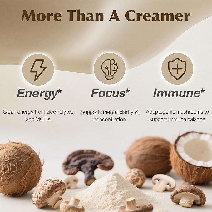 Mushroom Coconut Creamer, Natural Creamer for Coffee, 5 Mushrooms Extract, MCT Powder & Probiotics | Lion's Mane, Turkey Tail, Reishi, Maitake, Chaga | Plant-Based, Keto-Friendly| 6.35 Oz
