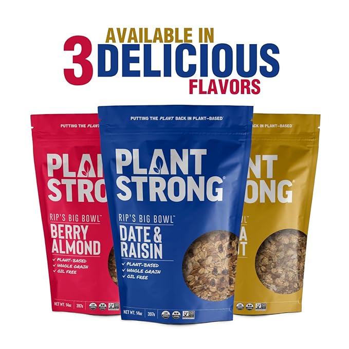 Rip's Big Bowl Cereal - PLANTSTRONG Date & Raisin (6-pack) Non-GMO Whole-Grain Plant-Based Oil Free Pack of 6 x 14oz Bags